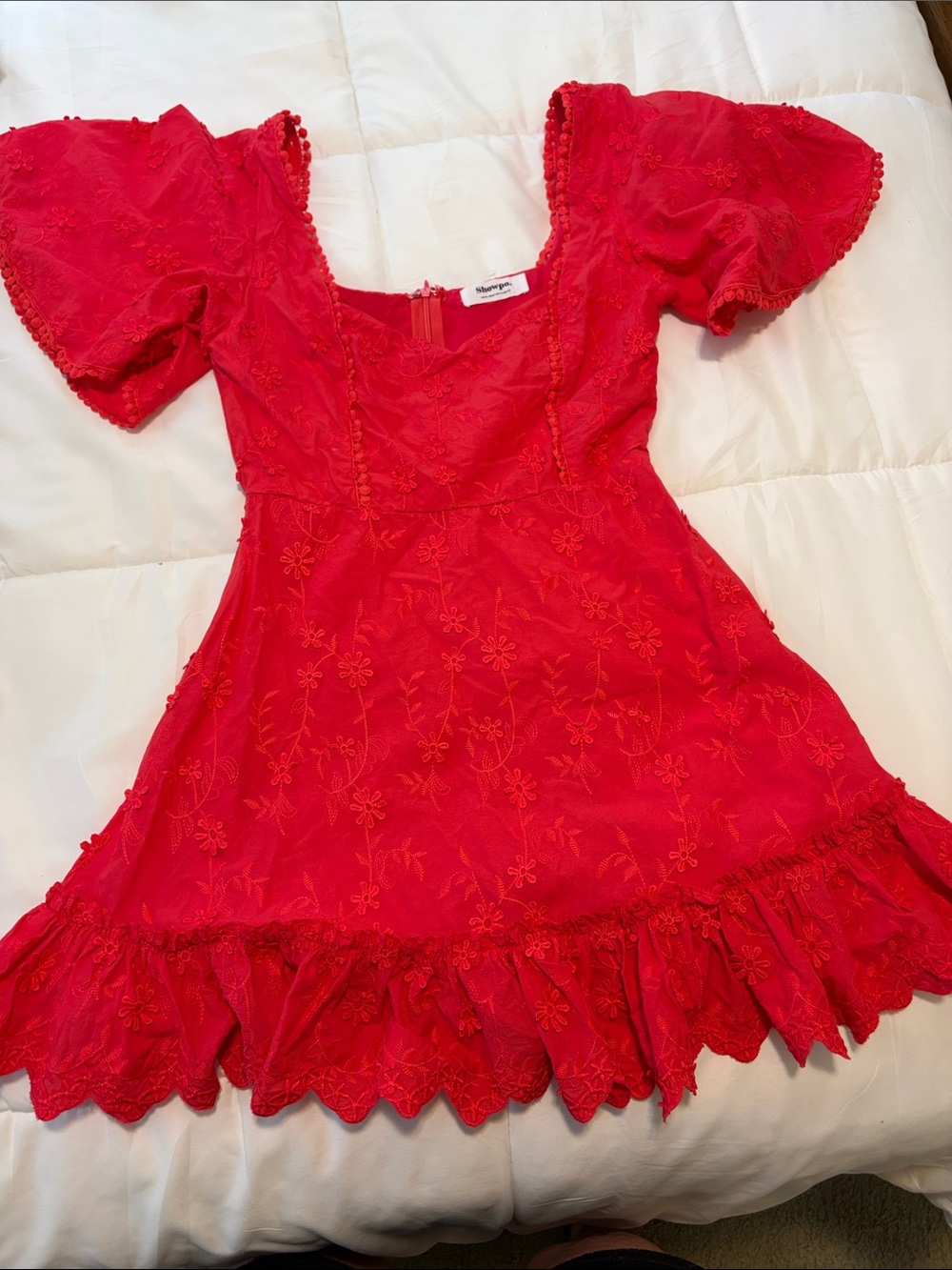 Showpo Girls Scarlet Red Embroidered Puff Sleeve Dress